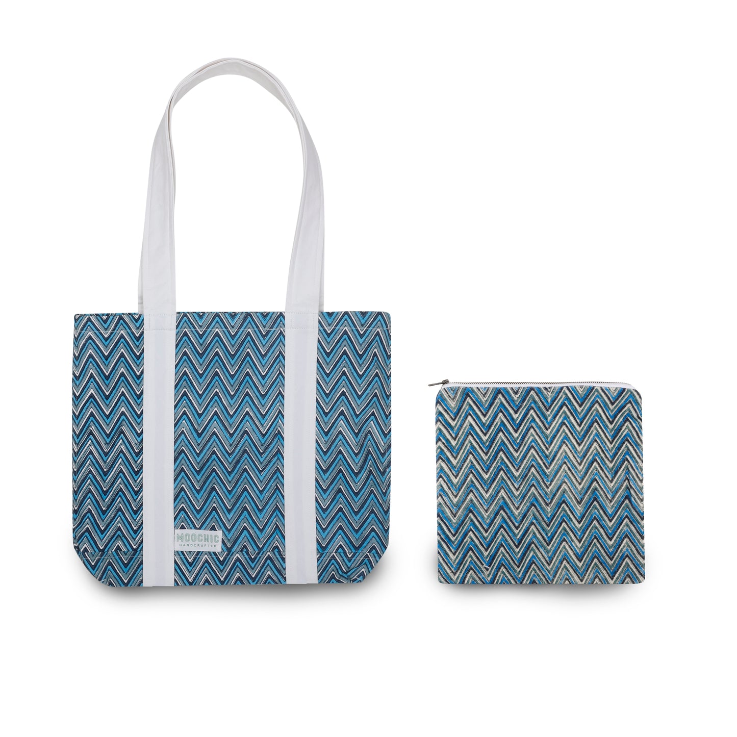 Cotton Canvas Hand Block Printed Tote Bag - Blue Zig Zag