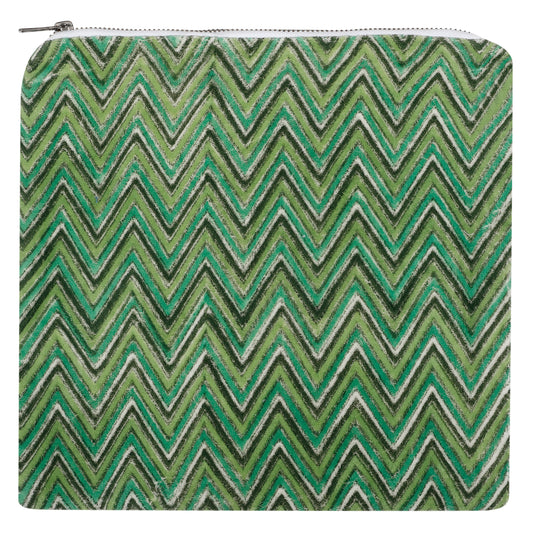 Velvet Hand Block Printed Pouch - Green Zig Zag