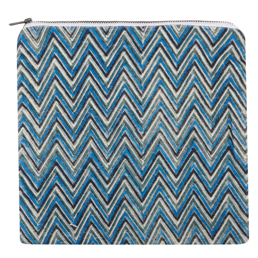 Velvet Hand Block Printed Pouch - Blue Zig Zag