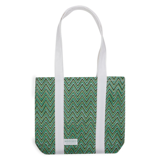 Cotton Canvas Hand Block Printed Tote Bag - Green Zig Zag