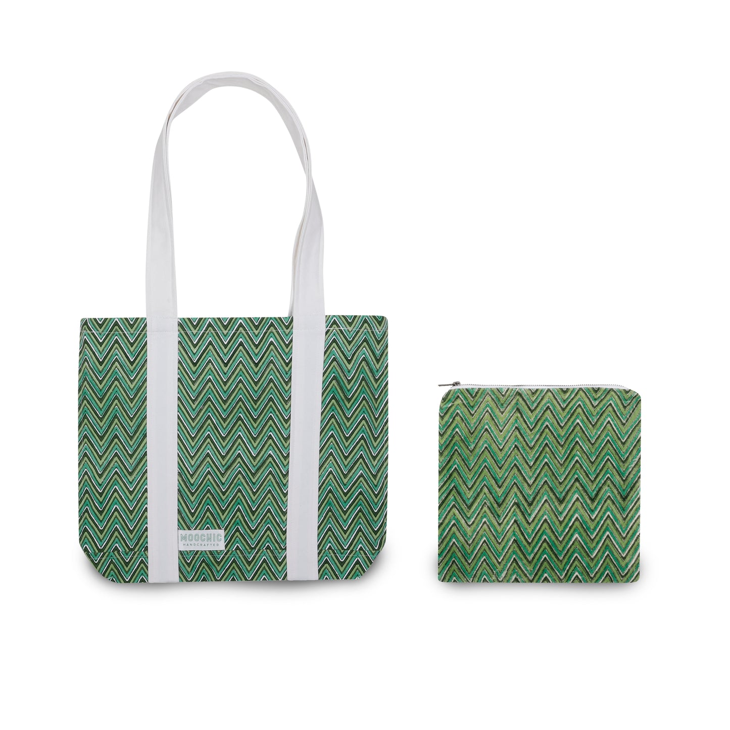 Cotton Canvas Hand Block Printed Tote Bag - Green Zig Zag